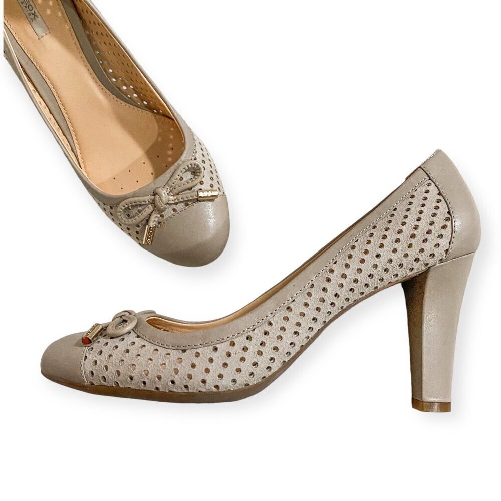 GEOX Marian perforated leather pumps with bows. Size 38 EU, in taupe color